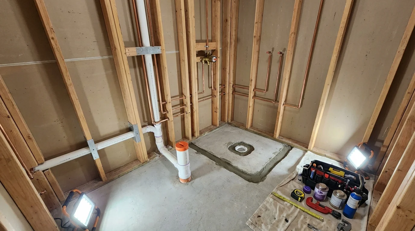 Bathroom rough-in plumbing during remodel by Johns Plumbing LLC in Richwood