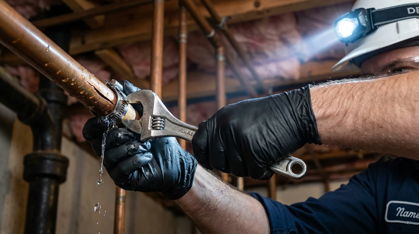 Emergency pipe clamp repair being performed by a Johns Plumbing LLC plumber in Richwood