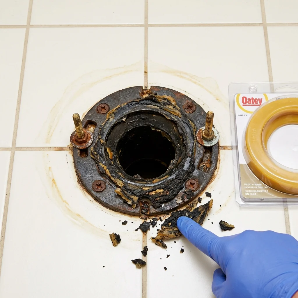 Failed wax ring showing water seepage at the base of a toilet in a Richwood, WV home