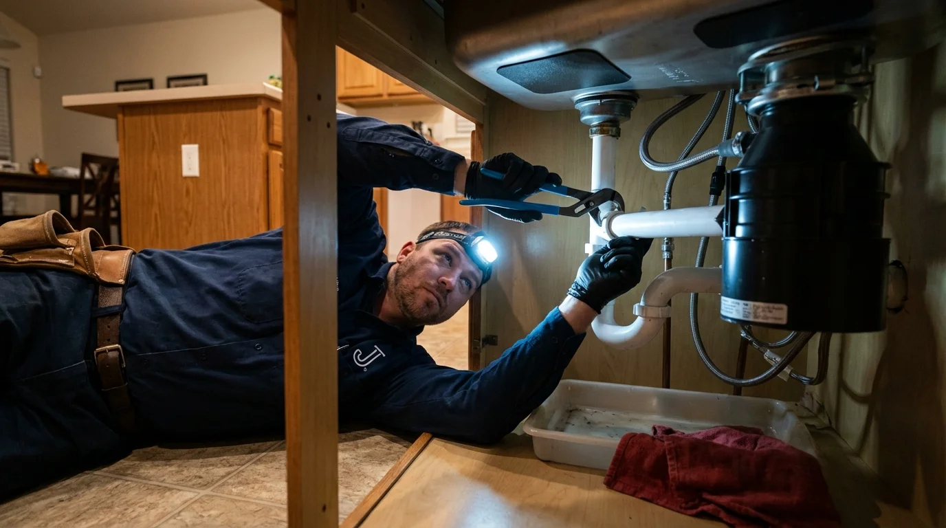 P-trap and supply line connections under a kitchen sink showing a common leak point in Richwood, WV
